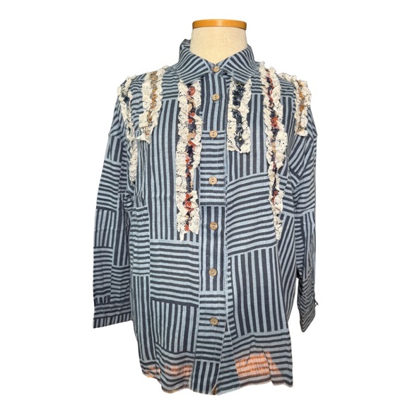 Oli & Hali Tops - Oli & Hali Blue Ruffle Contrast Detail Striped Button Down Shirt